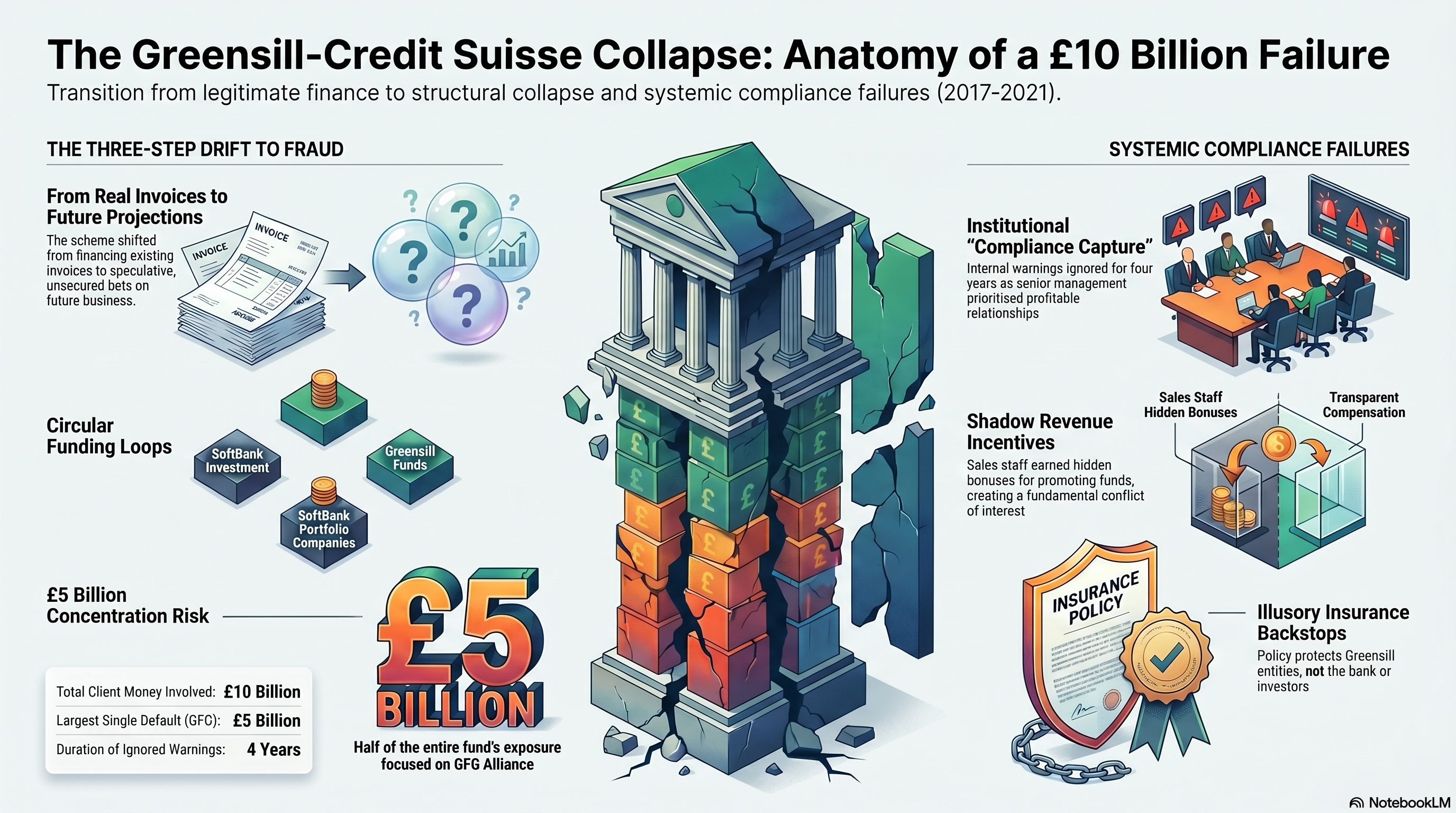 The Greensill-Credit Suisse Collapse: Anatomy of a £10 Billion Failure — infographic showing the three-step drift to fraud and systemic compliance failures