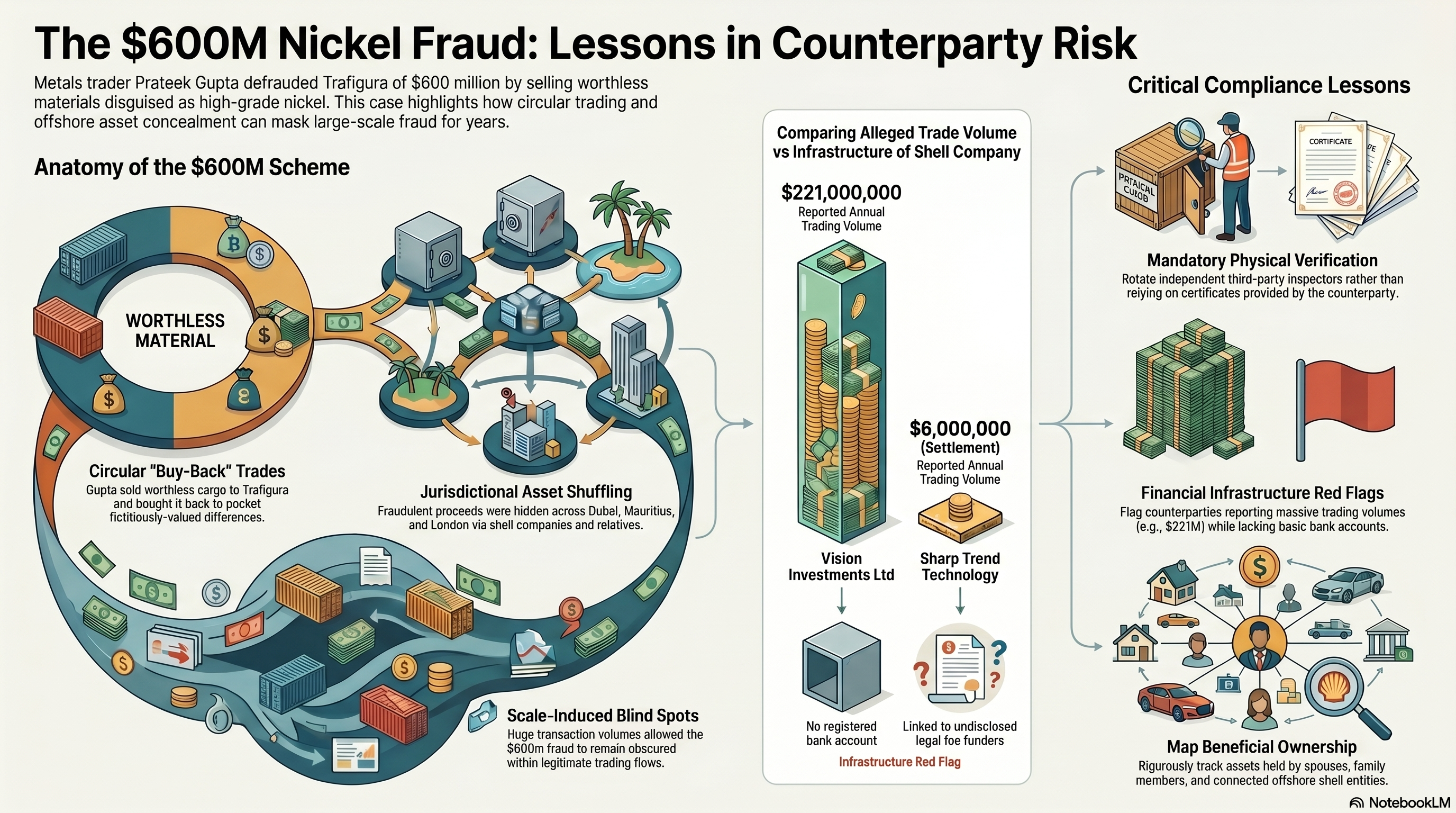 The $600M Nickel Fraud: Lessons in Counterparty Risk — infographic showing the anatomy of the scheme, jurisdictional asset shuffling and critical compliance lessons